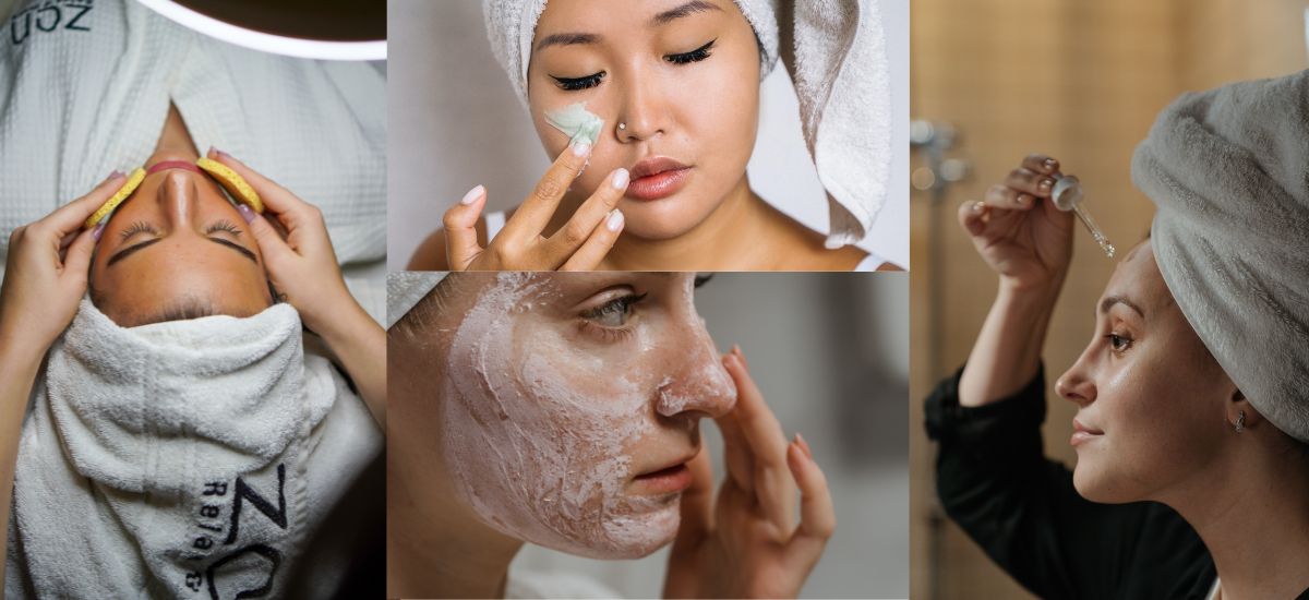 Collage von Frauen bei der Gesichtspflege – Masken, Seren und natürliche Hautbehandlung