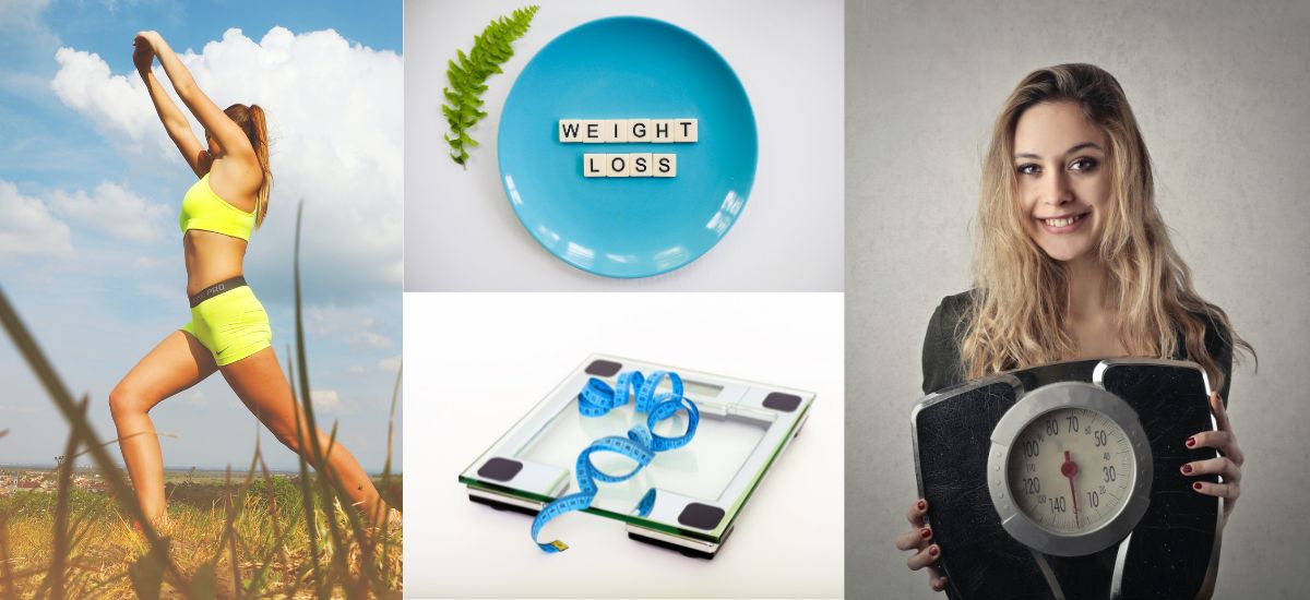 Collage mit Frau beim Training, Waage, Maßband und Teller mit Schriftzug „Weight Loss“