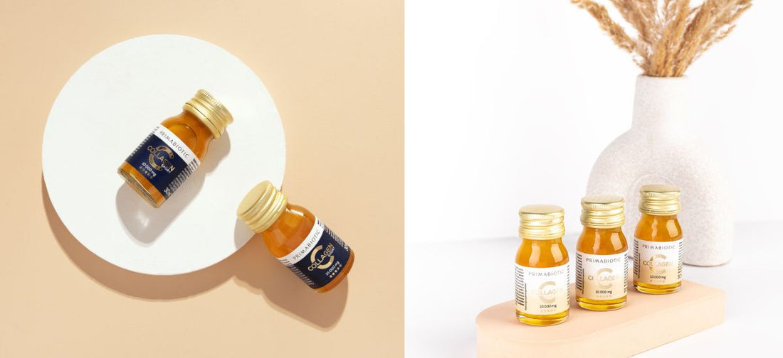 Primabiotic Collagen Trinkampullen elegant arrangiert auf hellem Hintergrund mit dekorativer Vase