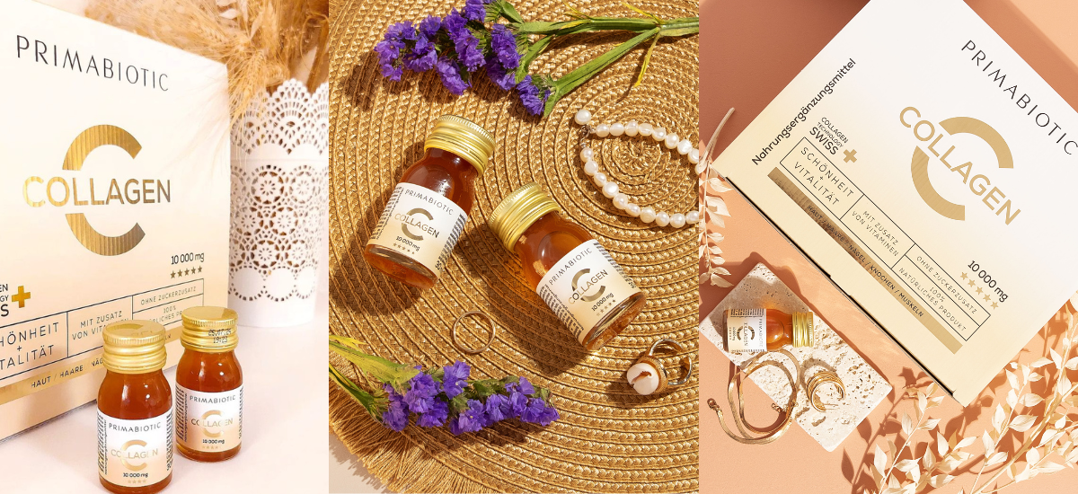 Primabiotic Collagen Trinkampullen und Verpackung elegant arrangiert mit Blumen und Schmuck