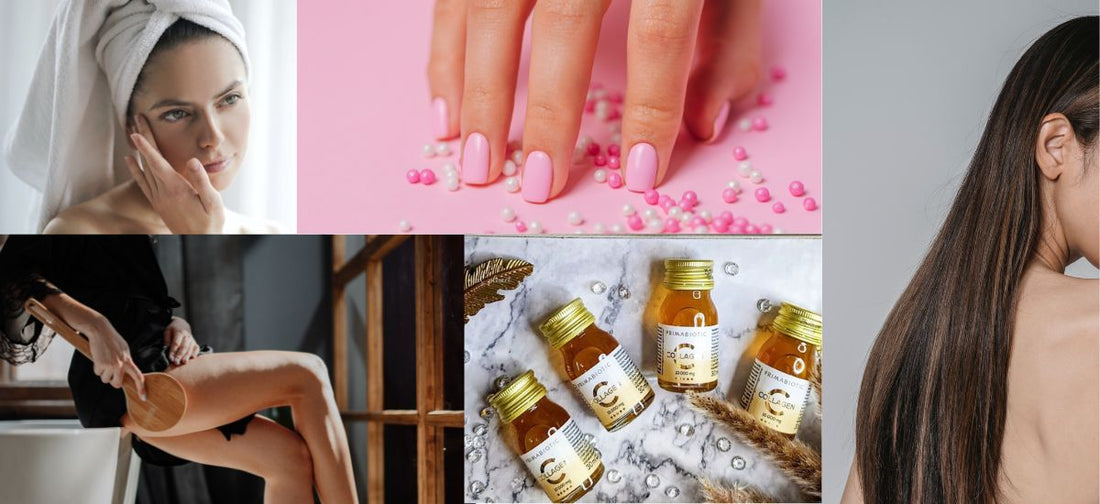 Collage mit Primabiotic Collagen, gepflegten Händen, glatten Haaren und Körperpflege mit Trockenbürste