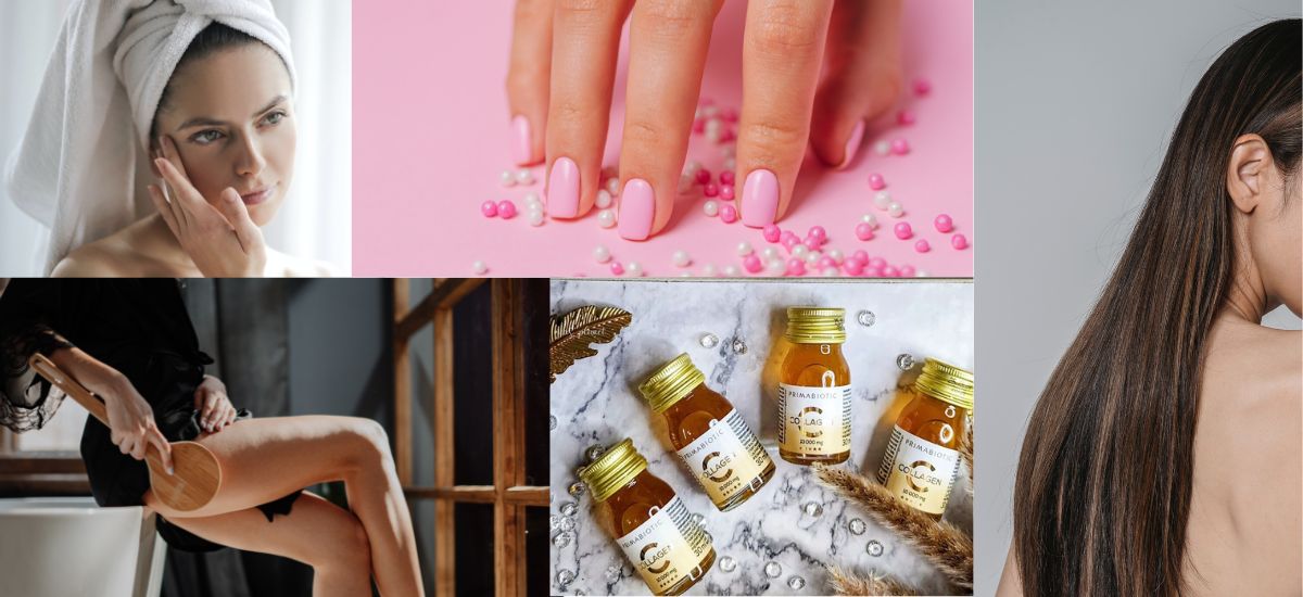 Collage mit Primabiotic Collagen, gepflegten Händen, glatten Haaren und Körperpflege mit Trockenbürste