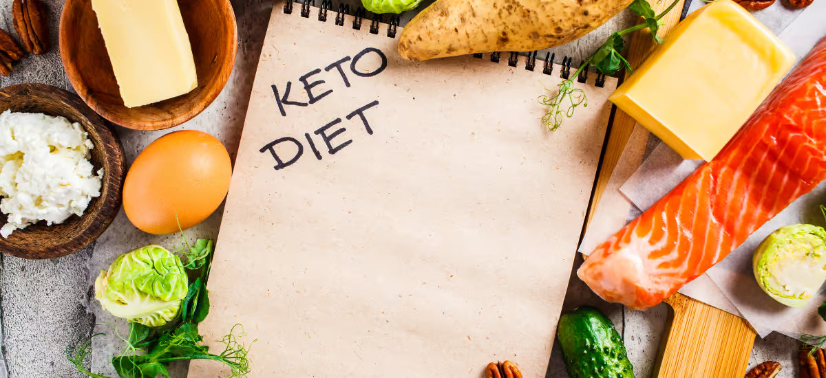 Ein Stück Notizbuchpapier, auf dem „ketogene Diät“ steht und um das herum Produkte wie Butter, Eier, Hüttenkäse oder Lachs stehen.
