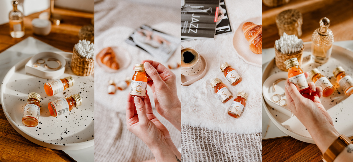 Ästhetische Collage mit Primabiotic Collagen Trinkampullen, Kaffee und Schmuck auf hellem Tablett