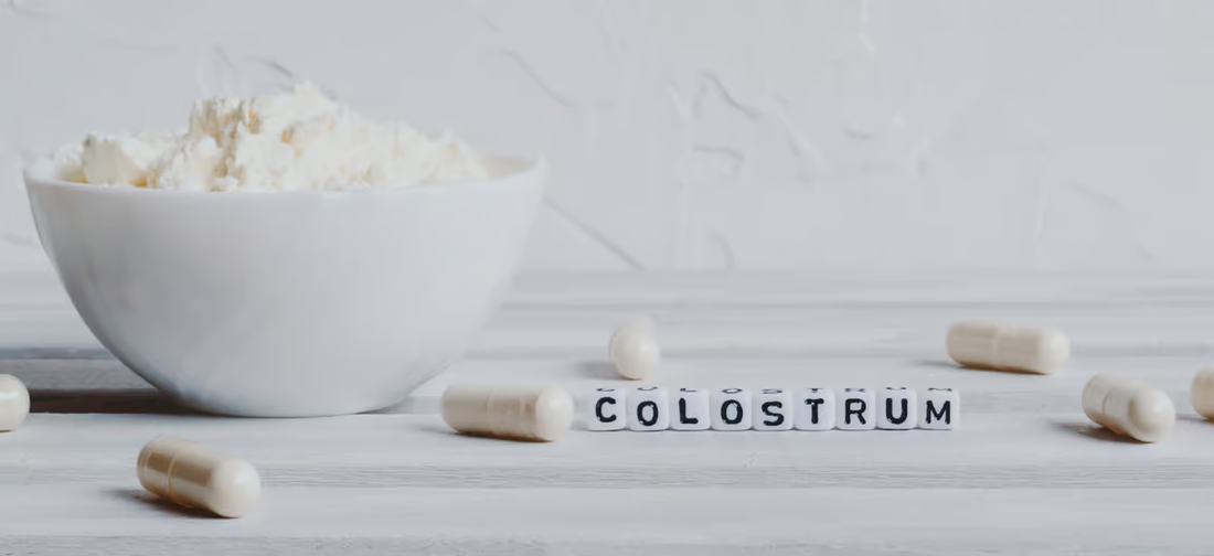 Kapseln und Pulver aus bovinem Kolostrum neben dem Schriftzug „Colostrum“ auf hellem Hintergrund