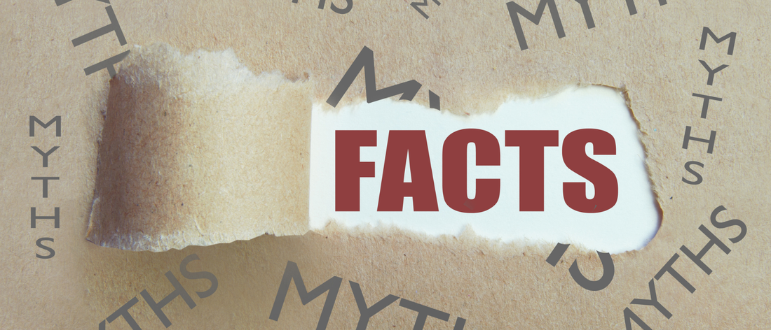 Zerrissenes braunes Papier, unter dem das Wort FACTS in Rot erscheint, umgeben vom Wort MYTHS